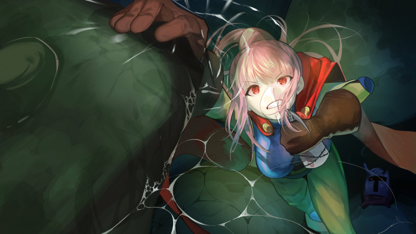1girl, blue_armor, cape, copium_(meme), cosplay, eyebrows_visible_through_hair, gloves, highres
