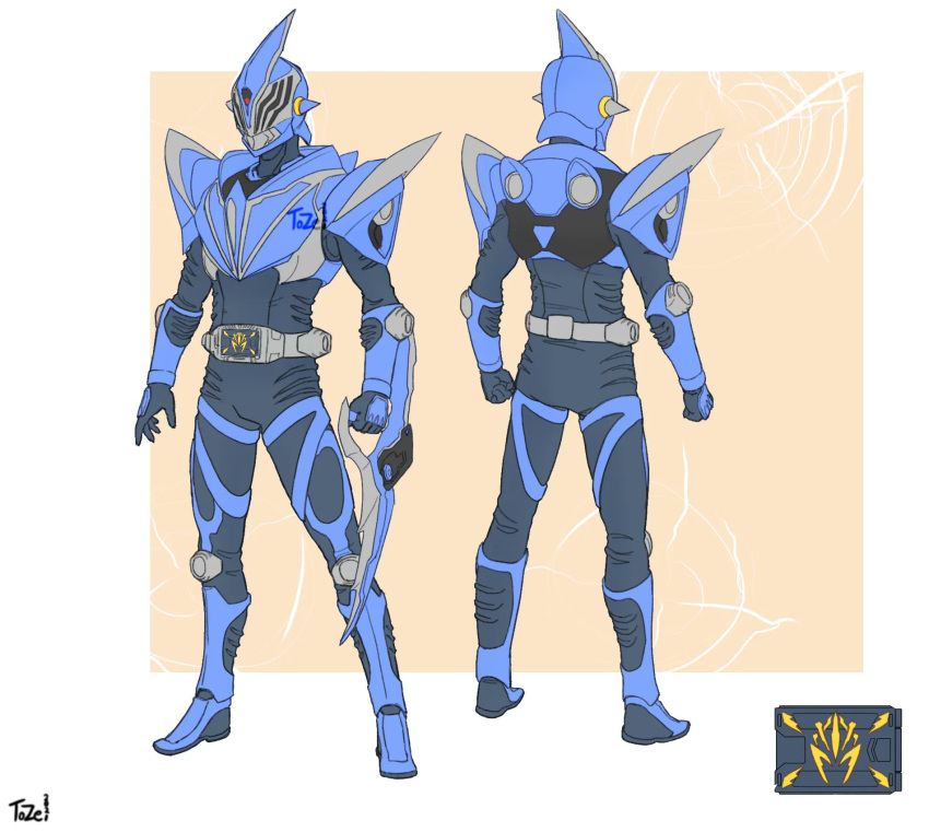 1boy, advent_deck, armor, back, beige_background, blue_armor, blue_footwear, blue_gloves, boots, ceanataur_(armor), character_sheet, clenched_hand, clenched_hands, crossover, english_commentary, full_body, gloves, highres, kamen_rider, kamen_rider_razor_(to_ze), kamen_rider_ryuki_(series), mashup, monster_hunter_(series), outside_border, plug, plugsuit, shark_fin, spiked_helmet, spikes, sword, thighs, to_ze, weapon