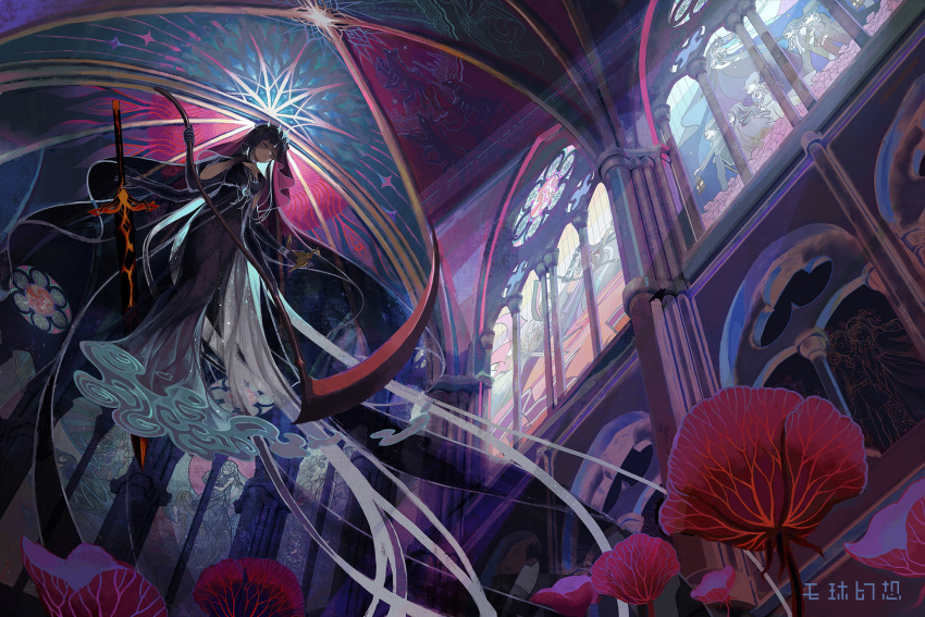1girl, arm_hair, black_dress, black_hair, black_veil, cathedral, chinese_commentary, chinese_text