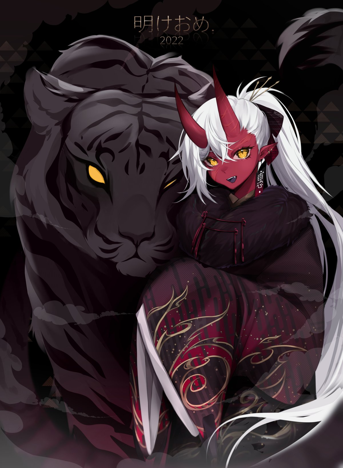 1girl, 2022, akumi_(yoclesh), artist_name, chinese_zodiac, colored_skin, commentary, dated