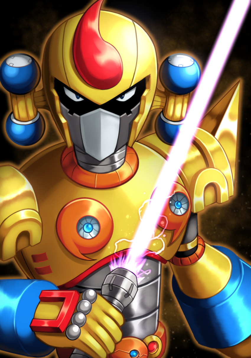 1boy, absurdres, bit_(mega_man), black_eyes, energy_sword, helmet, highres, holding, holding_sword, holding_weapon, lightsaber, looking_at_viewer, male_focus, mega_man_(series), mega_man_x3, mega_man_x_(series), mega_man_x_dive, mixed-language_commentary, robot, silverchariotx, solo, sword, upper_body, weapon