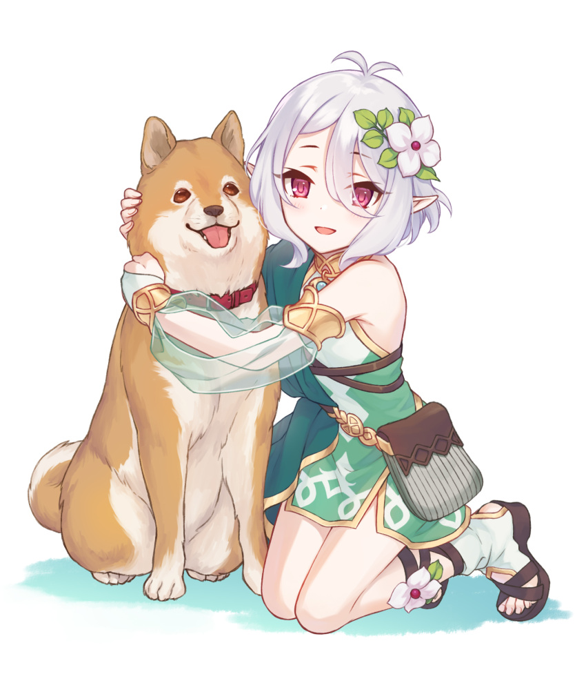 1girl, akita_inu, antenna_hair, bag, detached_sleeves, dog, dress, flower, full_body, green_dress, hair_between_eyes, hair_flower, hair_ornament, highres, hug, kneeling, kokkoro_(princess_connect!), looking_at_viewer, masami_(souzou_jinsei_sanka), official_style, open_mouth, pointy_ears, princess_connect!, shoulder_bag, simple_background, solo, violet_eyes, white_background, white_hair
