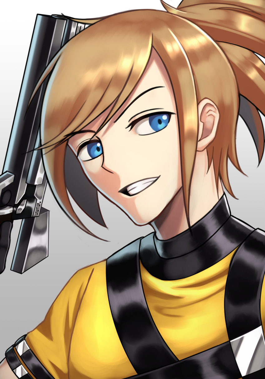 1boy, absurdres, amamiya_saki, blonde_hair, blue_eyes, grin, gun, highres, looking_to_the_side, male_focus, ponytail, shirt, short_sleeves, silverchariotx, sin_and_punishment, smile, solo, upper_body, weapon, yellow_shirt