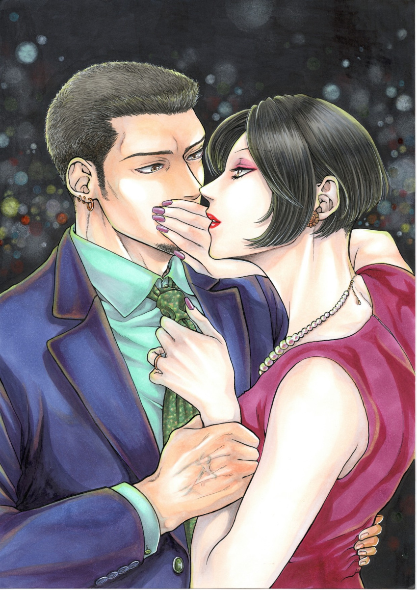 1boy, 1girl, bare_shoulders, black_hair, bob_cut, earrings, facial_hair, formal, gyuu-lunch, hand_on_another's_face, hetero, highres, holding, holding_another's_wrist, husband_and_wife, jewelry, lipstick, looking_at_another, makeup, marker_(medium), mature_female, nail_polish, necklace, necktie, original, red_lips, ring, short_hair, shouwa, sleeveless, suit, traditional_media, veins, very_short_hair, wedding_band
