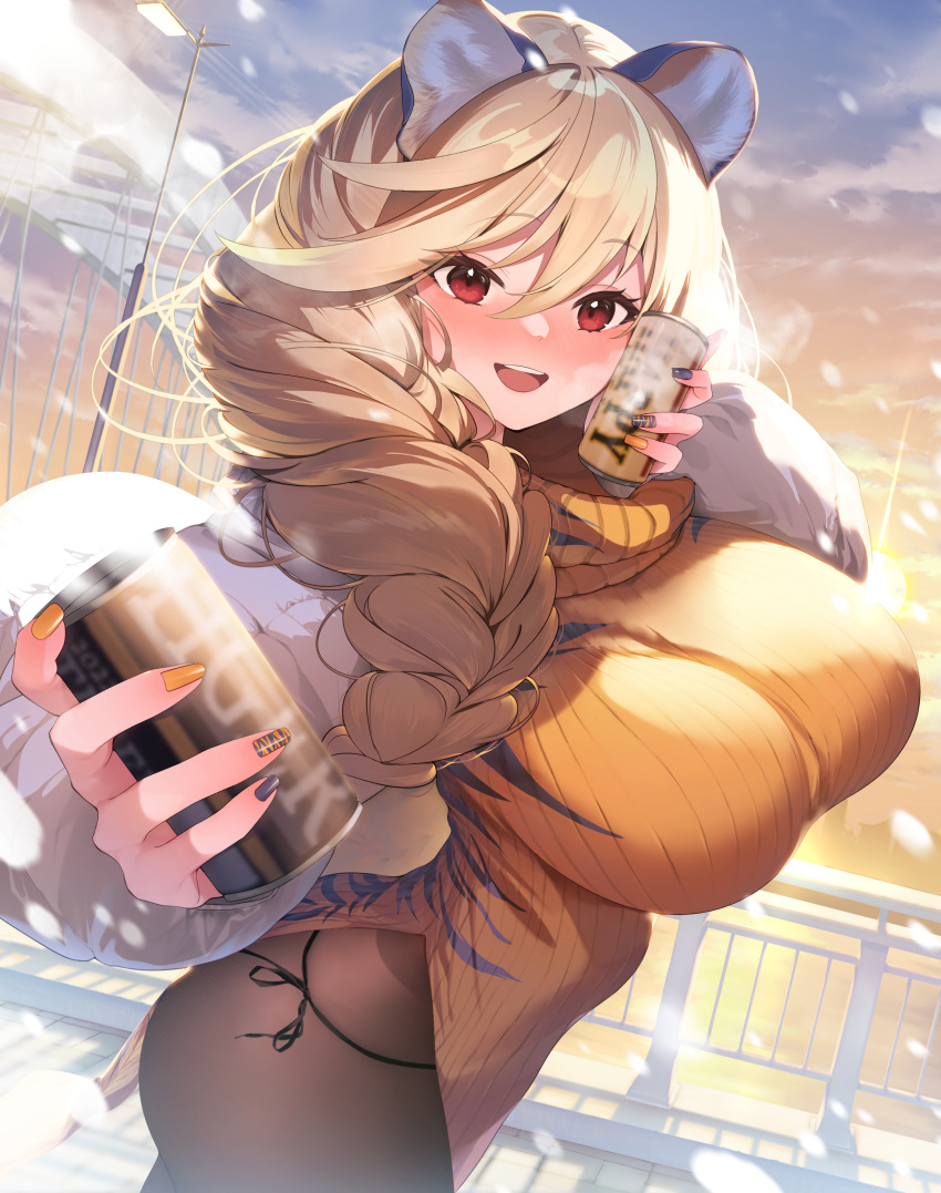 1girl, :d, absurdres, animal_ears, arrow_(tamawo222), ass, black_legwear, blonde_hair