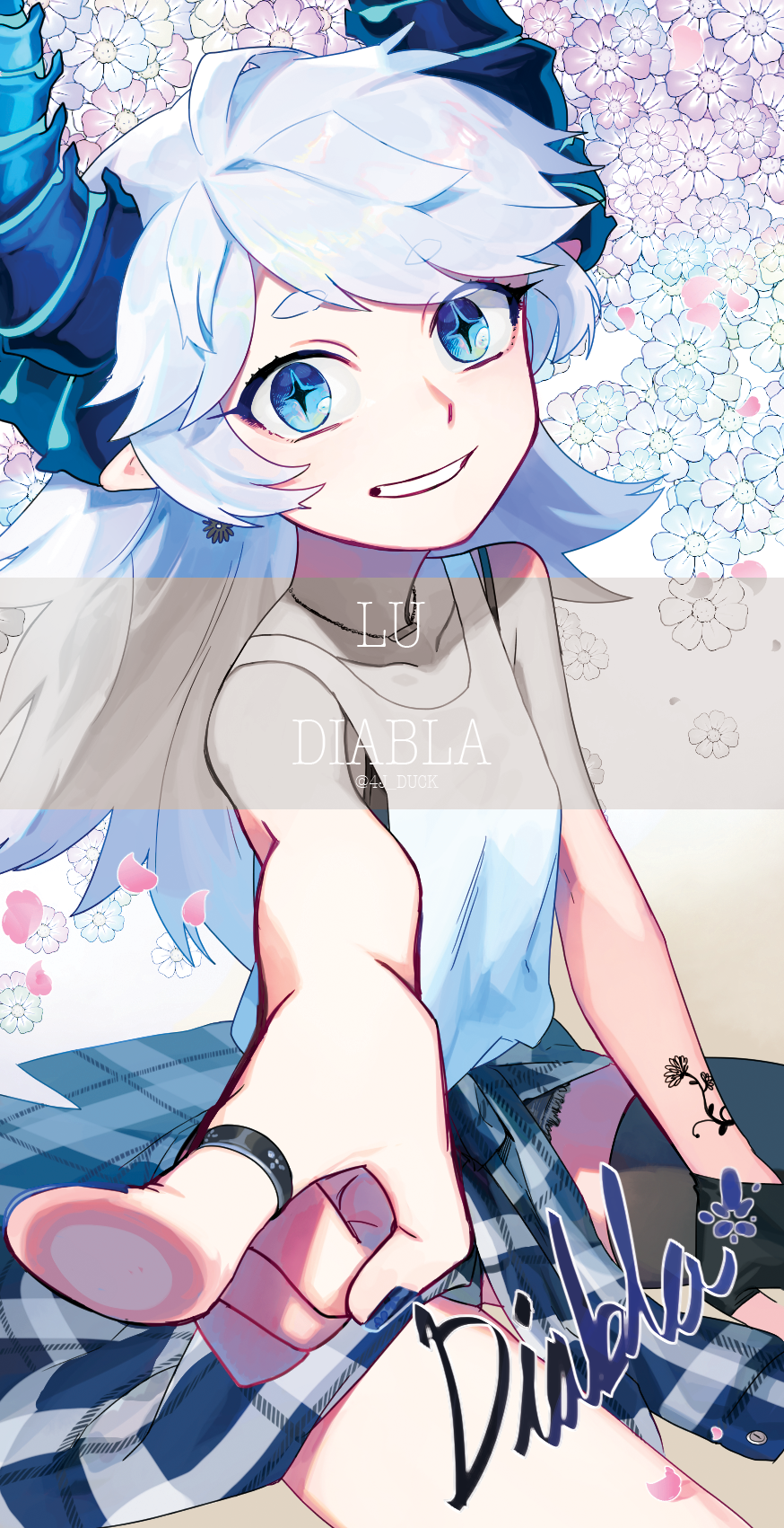 1girl, blue_eyes, blue_hair, demon, demon_girl, demon_horns, diabla_(elsword), earrings, elsword, highres, horns, jewelry, looking_at_viewer, luciela_r._sourcream, pale_skin, pointy_ears, ring, tattoo, thighs, tsuji_(ksi03164), white_hair
