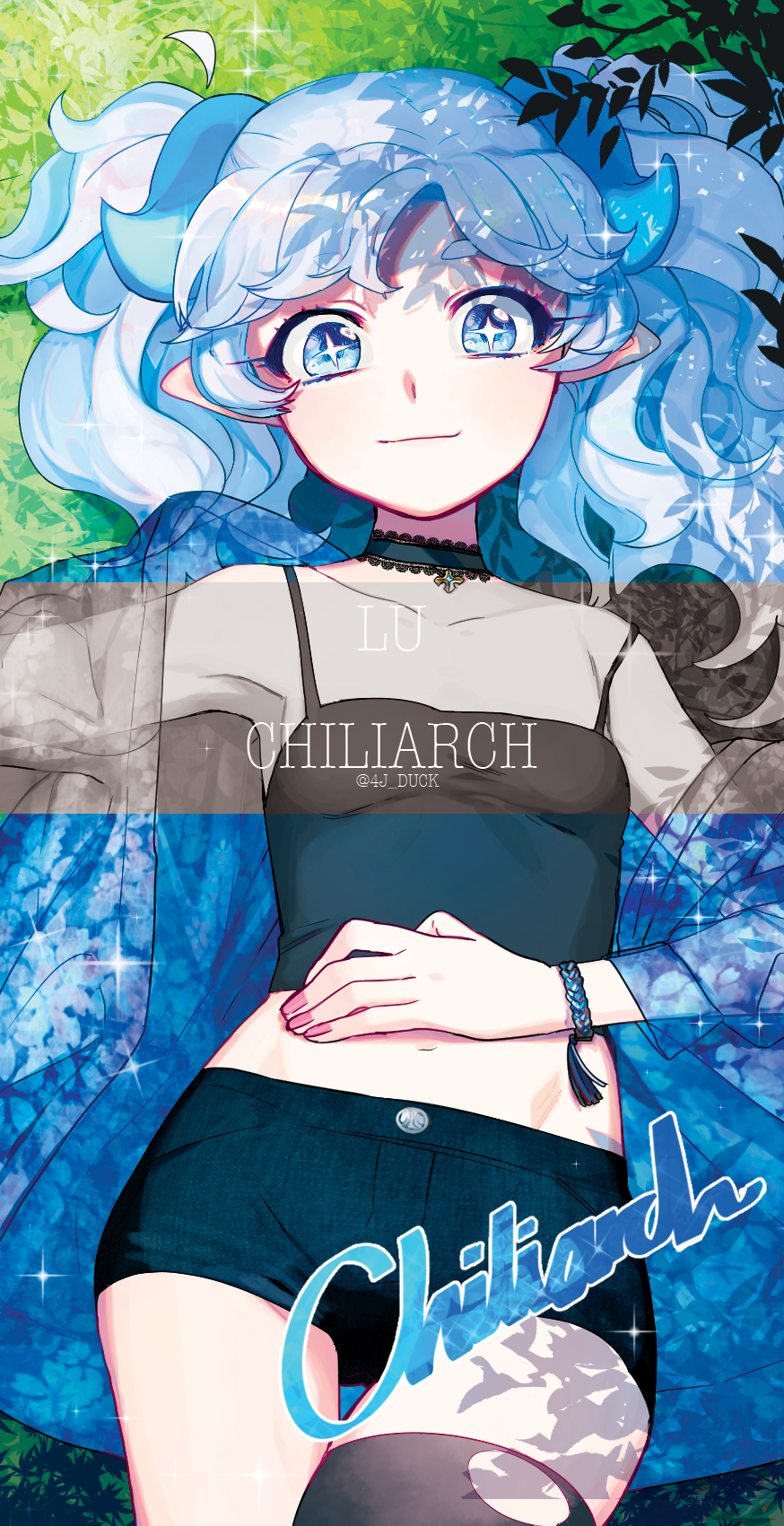 1girl, blue_eyes, blue_hair, chiliarch_(elsword), choker, crop_top, demon, demon_girl, demon_horns, elsword, highres, horns, looking_at_viewer, luciela_r._sourcream, navel, pale_skin, pointy_ears, short_shorts, shorts, thick_thighs, thigh-highs, thighs, tsuji_(ksi03164), wavy_hair, white_hair