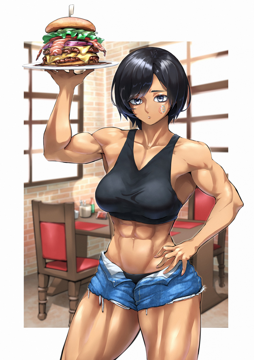 1girl, abs, absurdres, black_bra, black_hair, black_panties, black_underwear, blue_eyes
