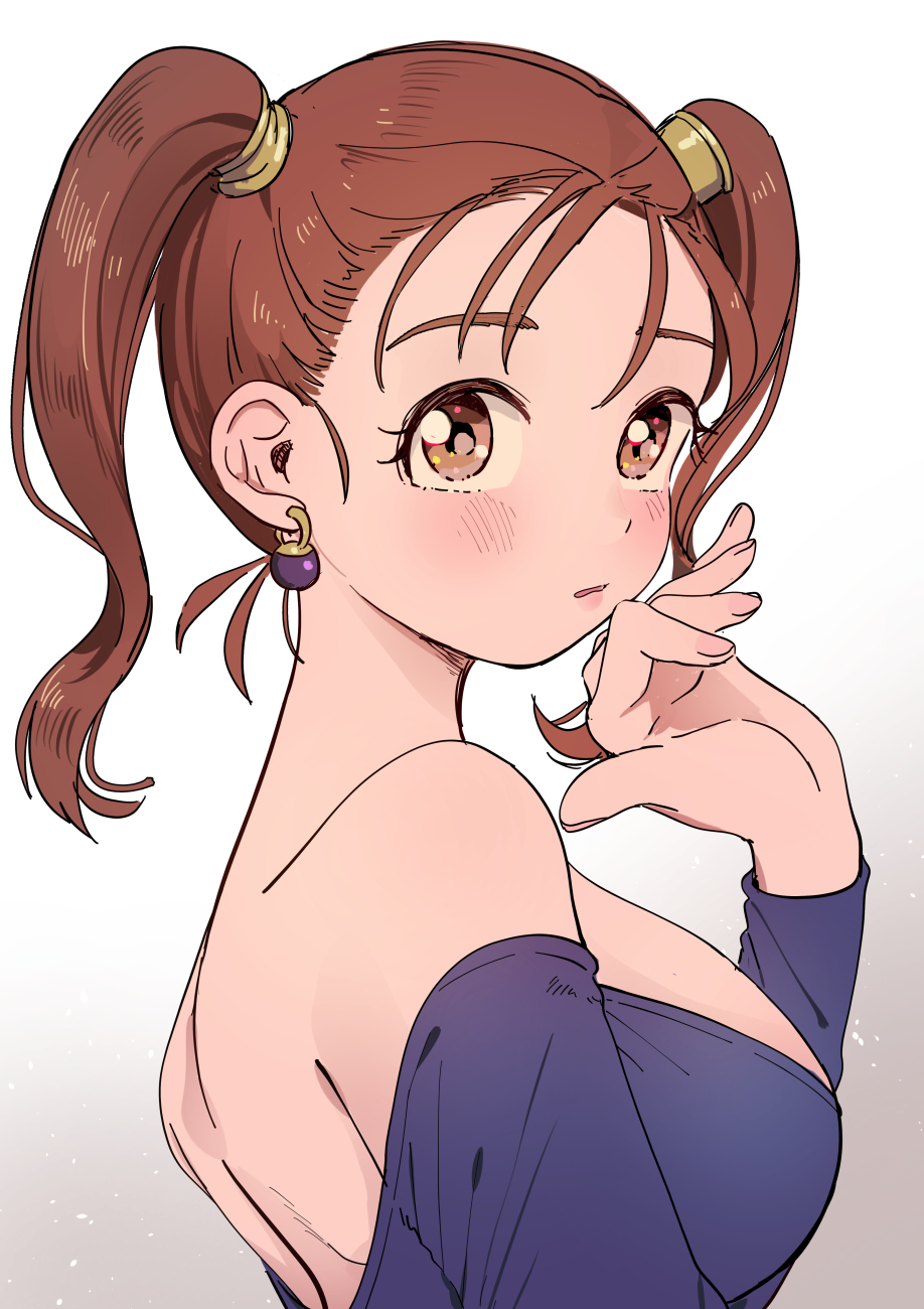 1girl, bare_shoulders, blush, breasts, brown_eyes, brown_hair, commentary_request, dragon_quest, dragon_quest_viii, dress, earrings, from_side, gradient, gradient_background, grey_background, hand_up, highres, jessica_albert, jewelry, large_breasts, long_hair, long_sleeves, looking_at_viewer, miyama_(kannsannn), off-shoulder_dress, off_shoulder, parted_lips, purple_dress, shoulder_blades, solo, twintails, upper_body, white_background