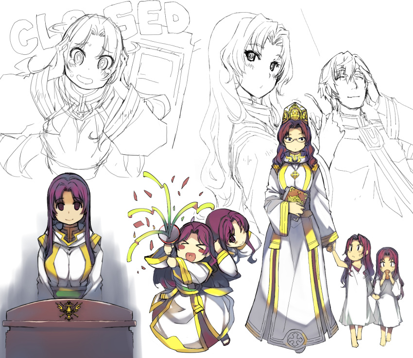 >_<, 1boy, 3girls, bangs, black-framed_eyewear, blush_stickers, breasts, brown_hair