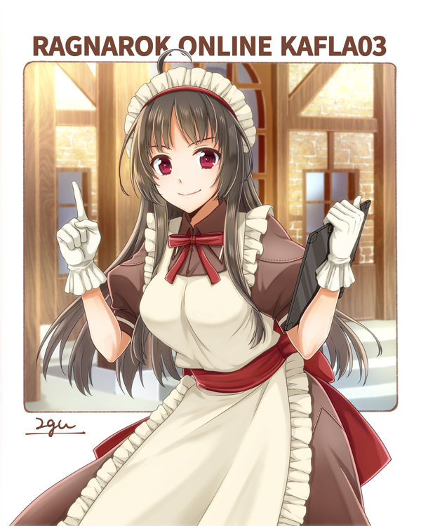 1girl, 20nigu, ahoge, apron, bangs, black_hair, bow, bowtie, breasts, brown_dress, building, clipboard, closed_mouth, commentary_request, commission, cowboy_shot, dress, english_text, engrish_text, gloves, holding, holding_clipboard, jasmine_(ragnarok_online), kafra_uniform, long_hair, looking_at_viewer, maid, maid_apron, maid_headdress, medium_breasts, pointing, pointing_up, puffy_short_sleeves, puffy_sleeves, ragnarok_online, ranguage, red_bow, red_bowtie, red_eyes, red_sash, sash, short_sleeves, signature, skeb_commission, smile, solo, white_apron, white_gloves, window