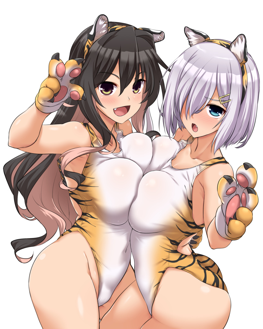 2022, 2girls, absurdres, alternate_costume, animal_ears, animal_hands, animal_print, ass