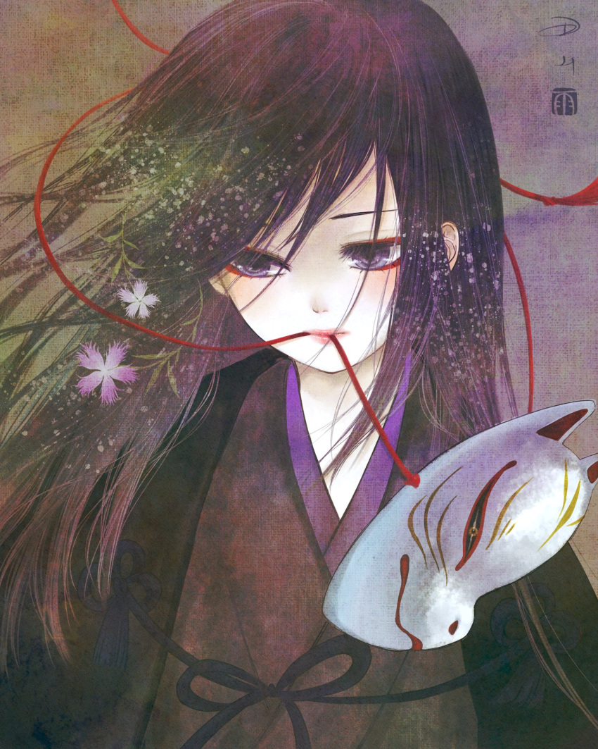 1girl, black_hair, brown_kimono, closed_mouth, commentary_request, dianthus, facing_viewer, flower