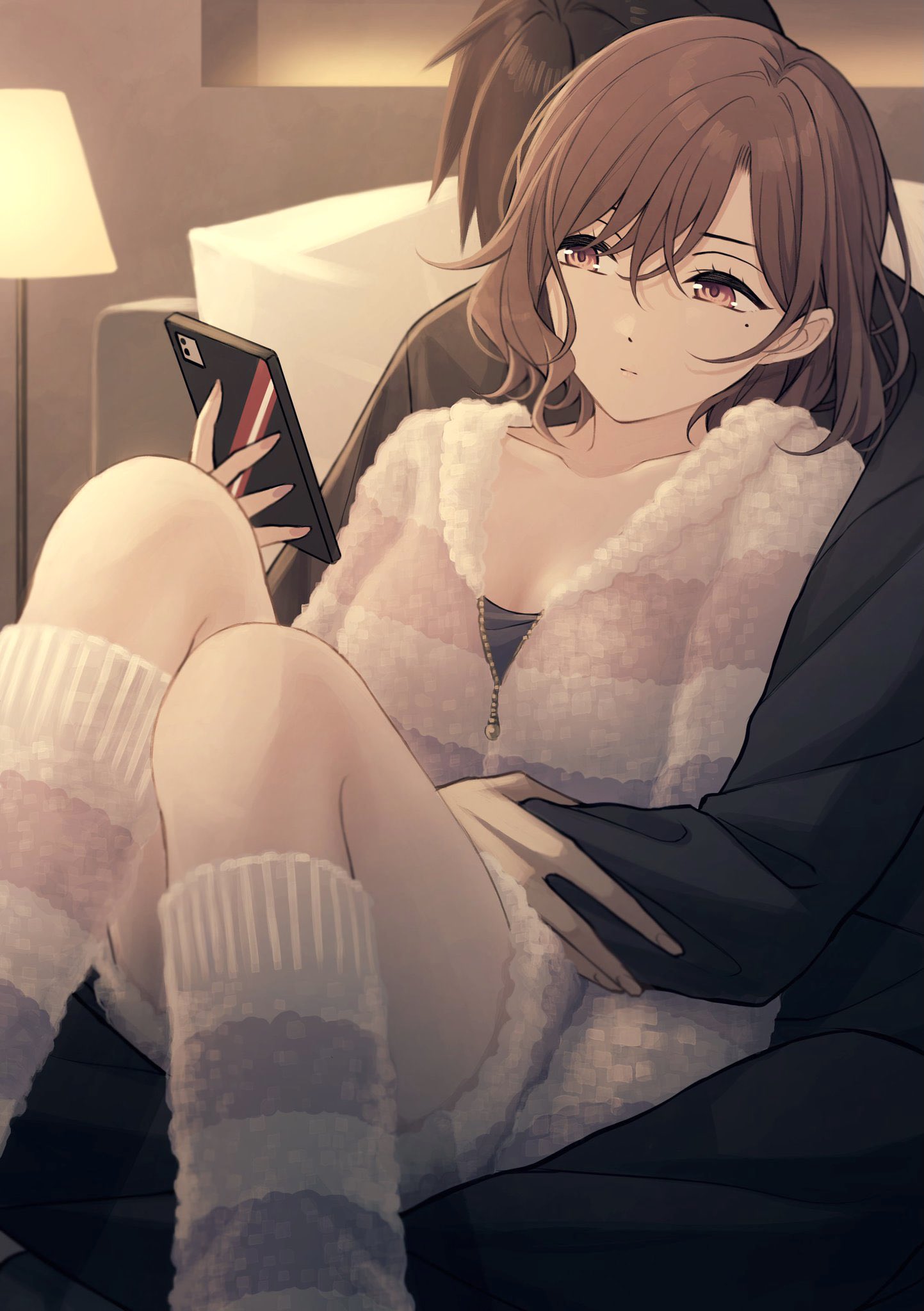 1boy, 1girl, ae_iueo, alternate_costume, bangs, brown_hair, cellphone, collarbone