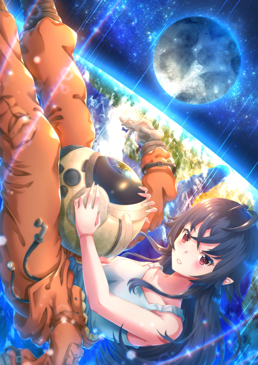 1girl, absurdres, ahoge, astronaut, black_hair, earth_(planet), hair_between_eyes, highres