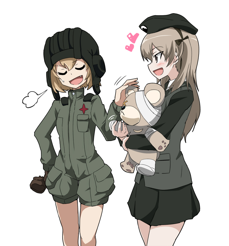 2girls, :d, beret, black_gloves, black_headwear, black_jacket, black_ribbon, black_skirt, blonde_hair, bob_cut, boko_(girls_und_panzer), brown_eyes, closed_eyes, cowboy_shot, death_sweets, emblem, fang, girls_und_panzer, gloves, green_jumpsuit, hair_ribbon, hat, heart, helmet, jacket, japanese_tankery_league_(emblem), jumpsuit, katyusha_(girls_und_panzer), light_brown_hair, long_hair, long_sleeves, looking_at_another, military_hat, multiple_girls, one_side_up, pravda_military_uniform, ribbon, selection_university_military_uniform, shimada_arisu, short_hair, short_jumpsuit, simple_background, skirt, smile, tank_helmet, white_background