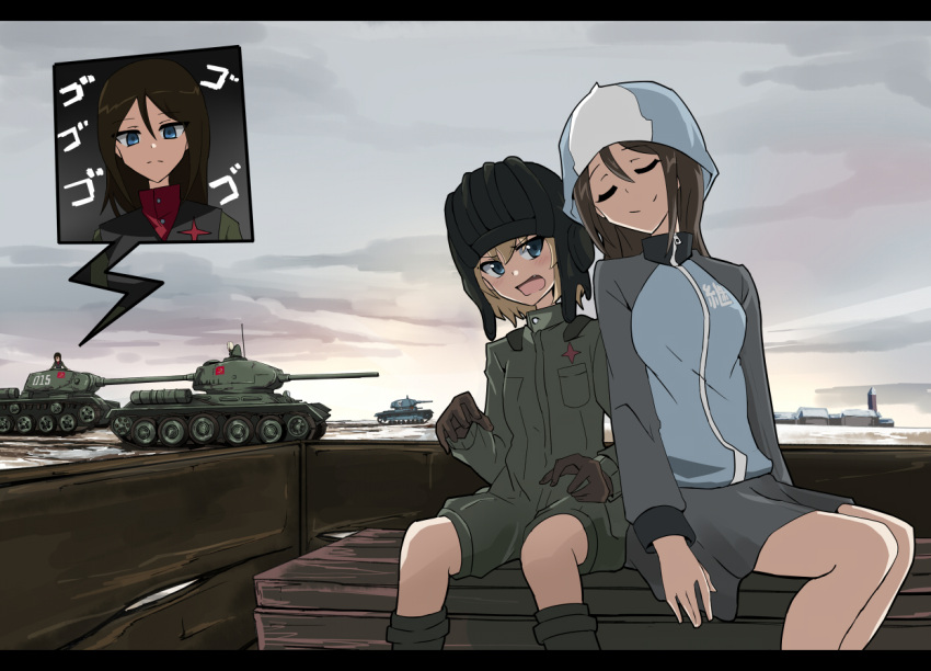 4girls, bangs, black_gloves, black_hair, black_headwear, blonde_hair, blue_eyes, blue_headwear