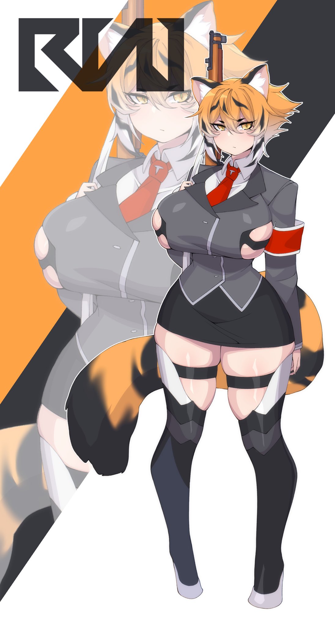 1girl, animal_ear_fluff, animal_ears, black_background, black_hair, breasts, cero_rains, eyebrows_visible_through_hair, eyes_visible_through_hair, full_body, gradient_hair, gun, hair_between_eyes, highres, huge_breasts, long_sleeves, looking_at_viewer, miniskirt, multicolored_background, multicolored_hair, multiple_views, necktie, orange_background, orange_hair, original, rifle, short_hair, skindentation, skirt, slit_pupils, standing, symbol-only_commentary, tail, thick_thighs, thigh-highs, thighs, tiger_ears, tiger_girl, tiger_tail, weapon, white_background, white_hair, wide_hips, yellow_eyes