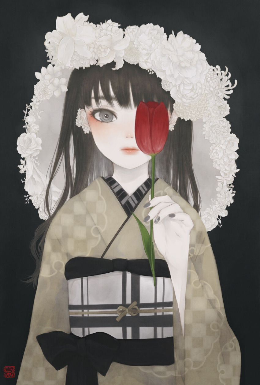 1girl, bangs, black_background, black_hair, brown_kimono, closed_mouth, commentary_request, covering_one_eye