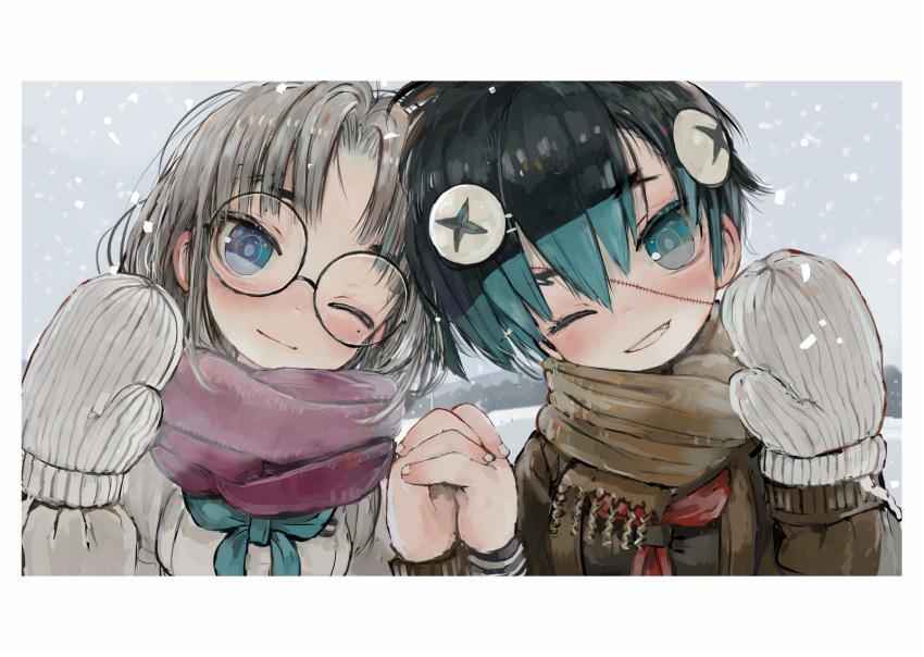 2girls, bibi-chan_(ebimomo), black_hair, black_shirt, blue_eyes, blue_hair, blue_neckerchief, border