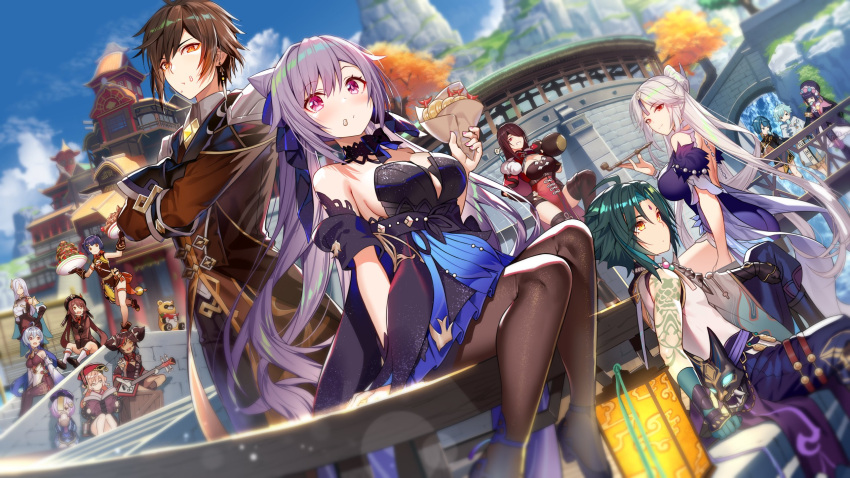 4boys, 6+girls, akusema, alcohol, arm_tattoo, balancing, bare_shoulders, beidou_(genshin_impact)