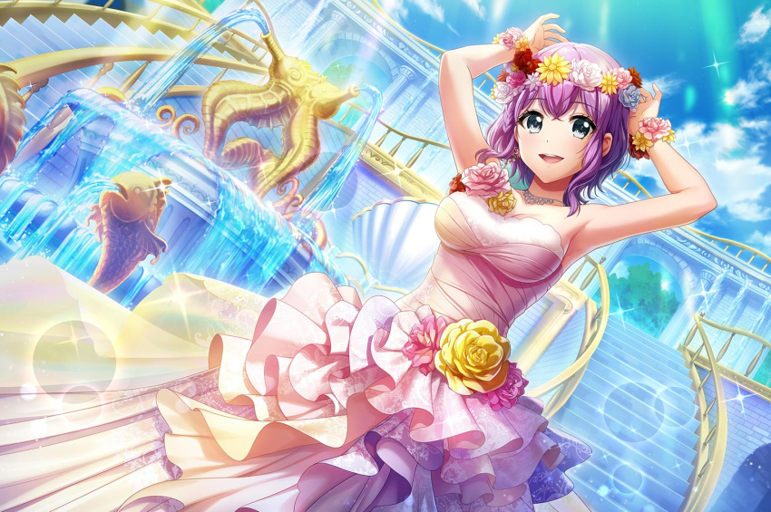armpits, blue_eyes, blush, d4dj, dress, hidaka_saori, purple_hair, short_hair