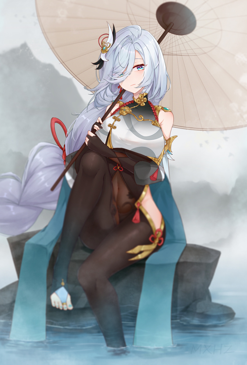 1girl, absurdres, black_gloves, blue_eyes, blue_nails, bodysuit, braid, braided_ponytail