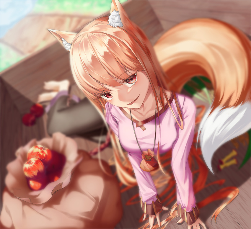 1girl, absurdres, animal_ears, apple, bag, bangs, blurry, blurry_background, breasts, cart, commentary_request, day, depth_of_field, dos_(ehgns007kr), eyebrows_visible_through_hair, fang, food, fruit, highres, holo, long_hair, long_sleeves, looking_at_viewer, open_mouth, orange_hair, outdoors, pouch, red_eyes, revision, smile, solo, spice_and_wolf, tail, very_long_hair, wheat, wolf_ears, wolf_girl, wolf_tail