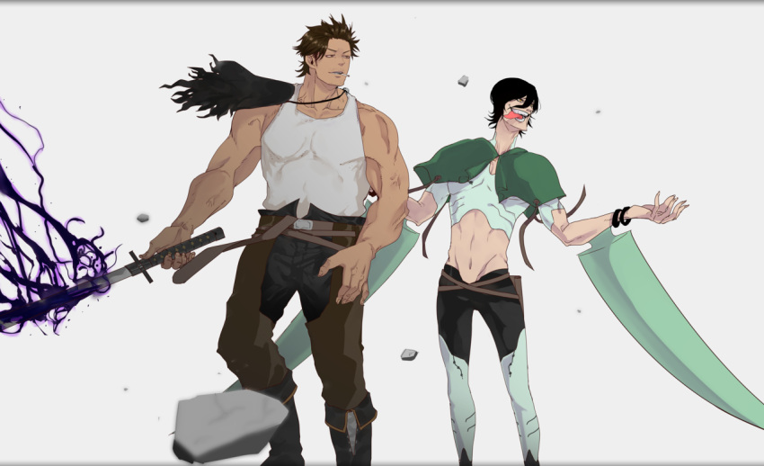 2boys, black_capelet, black_clover, boots, capelet, cigarette, crotchless, crotchless_pants