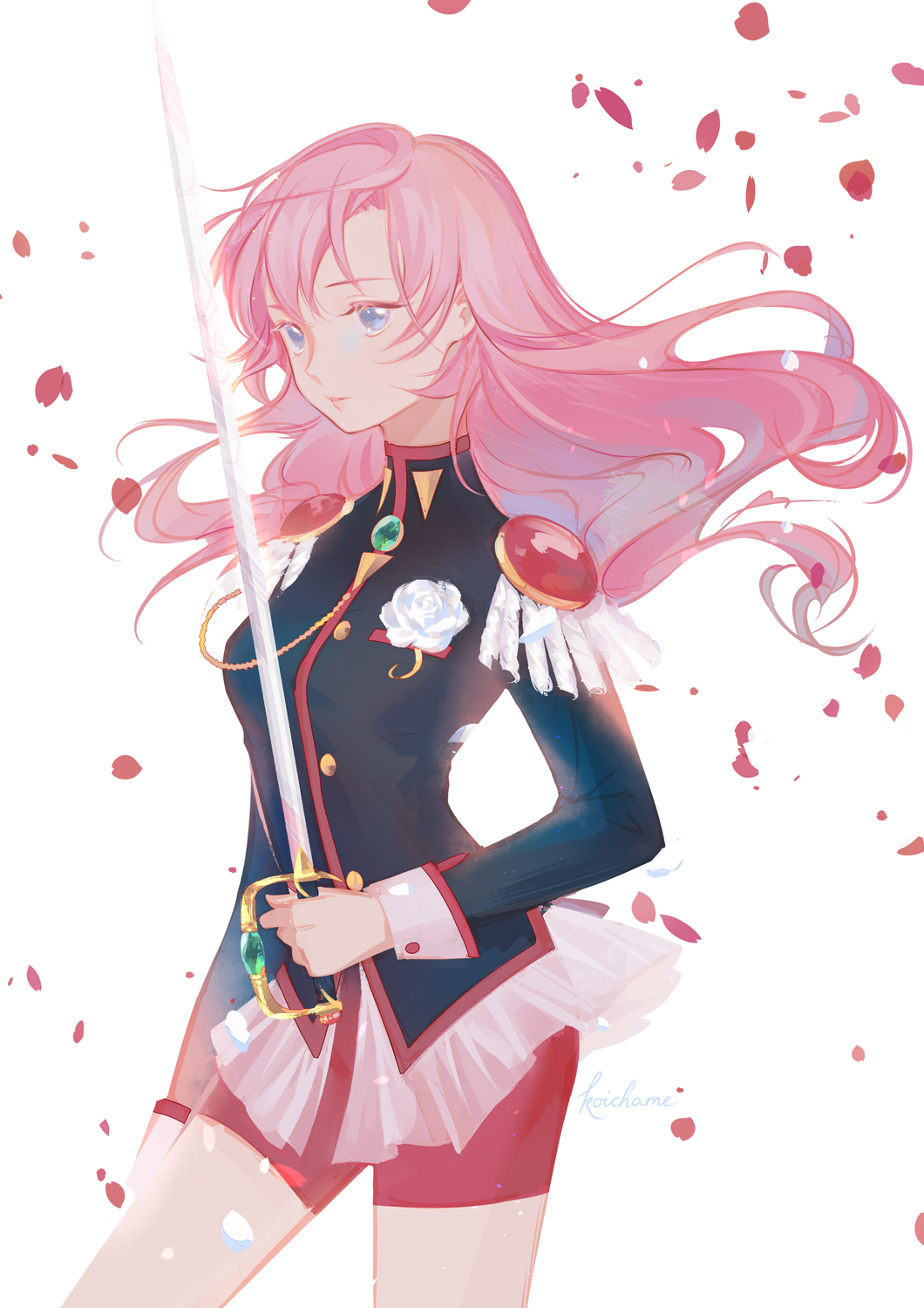 1girl, aiguillette, artist_name, bike_shorts, cowboy_shot, epaulettes, floating_hair, flower, frills, highres, koichame, long_hair, long_sleeves, petals, pink_hair, rapier, red_shorts, rose, shorts, shoujo_kakumei_utena, signature, solo, sword, sword_of_dios, tenjou_utena, uniform, violet_eyes, weapon, white_background, white_flower, white_rose, wind