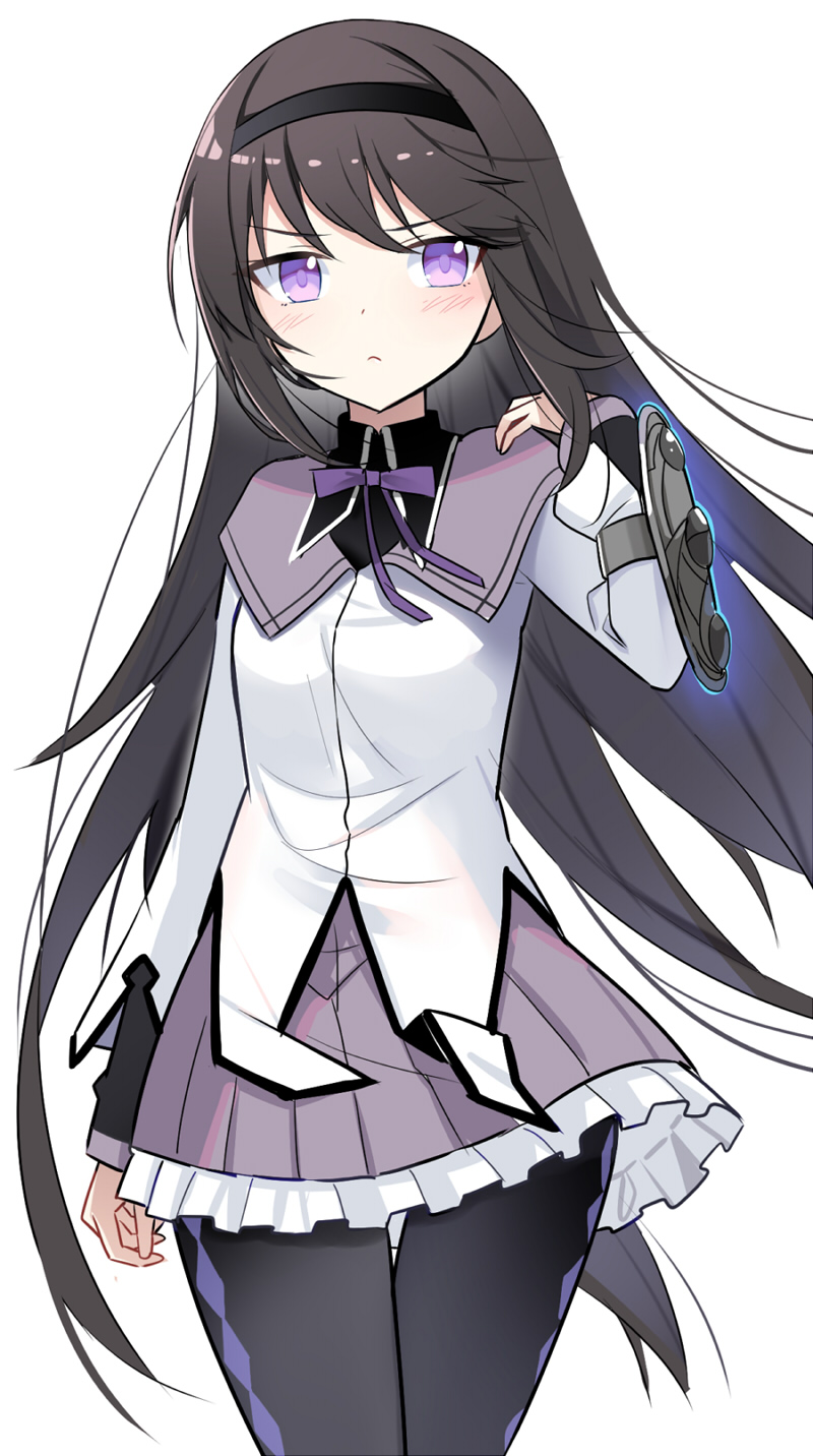 1girl, akemi_homura, arm_shield, bangs, black_hair, black_hairband, black_legwear, blush, commentary_request, e.o., eyebrows_visible_through_hair, hairband, highres, long_hair, magical_girl, mahou_shoujo_madoka_magica, pantyhose, pleated_skirt, purple_ribbon, purple_skirt, ribbon, shield, shirt, simple_background, skirt, solo, violet_eyes, white_background, white_shirt