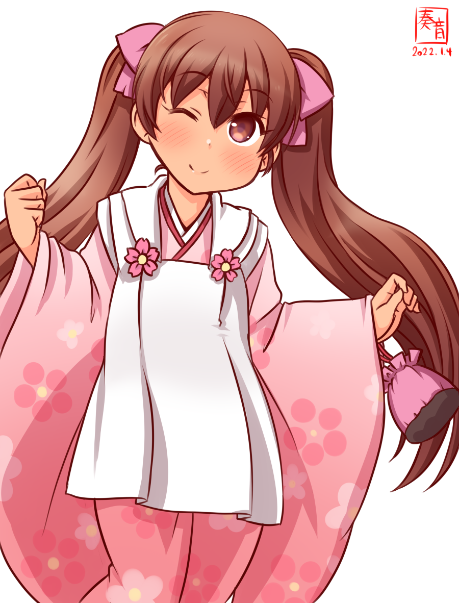 1girl, alternate_costume, apron, artist_logo, bag, brown_eyes, brown_hair, commentary_request