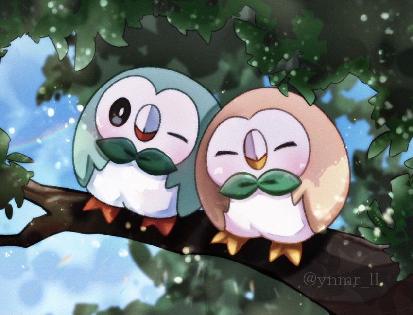 ^_^, alternate_color, animal_focus, artist_name, bird, black_eyes, blue_sky, bright_pupils, closed_eyes, closed_mouth, commentary_request, dappled_sunlight, day, full_body, happy, in_tree, no_humans, one_eye_closed, outdoors, pokemon, pokemon_(creature), rowlet, shiny_pokemon, sky, sunlight, tree, twitter_username, watermark, white_pupils, ynmr_ll
