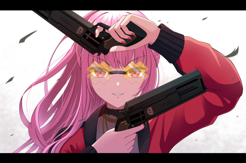 1girl, absurdres, bangs, dual_wielding, english_commentary, eyebrows_visible_through_hair, gun, highres, holding, holding_gun, holding_weapon, hololive, hololive_english, jacket, jewelry, letterboxed, mori_calliope, necklace, parted_lips, pink_eyes, pink_hair, ponytail, portrait, raven_genesis, red_jacket, red_nails, smile, solo, sunglasses, virtual_youtuber, weapon