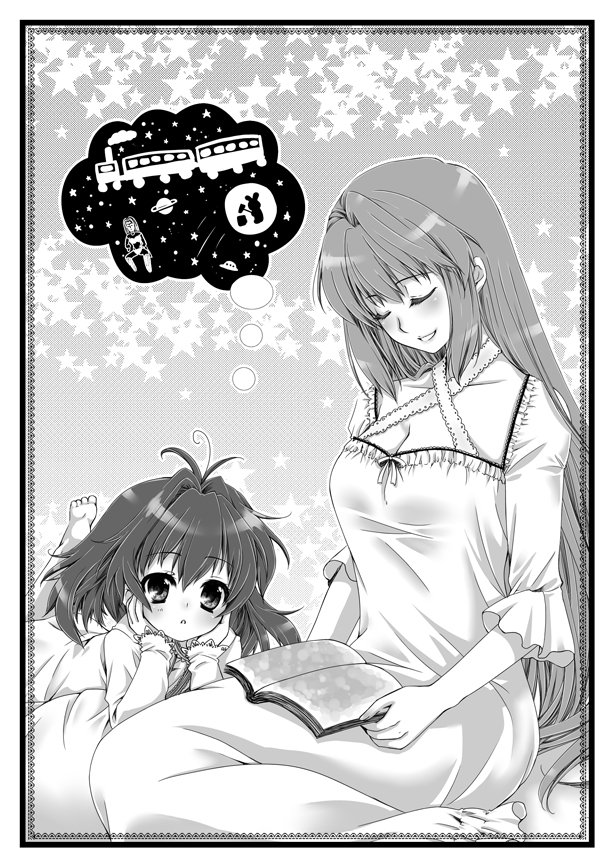 2girls, barefoot, blush, book, breasts, child, closed_eyes, dress