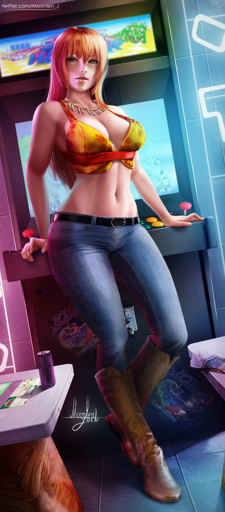 1girl, absurdres, arcade_cabinet, bangs, belt, boots, brown_eyes, denim