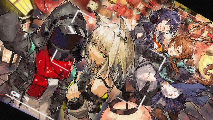 >:), 1other, 3girls, :d, absurdres, amiya_(arknights), animal_ear_fluff, animal_ears
