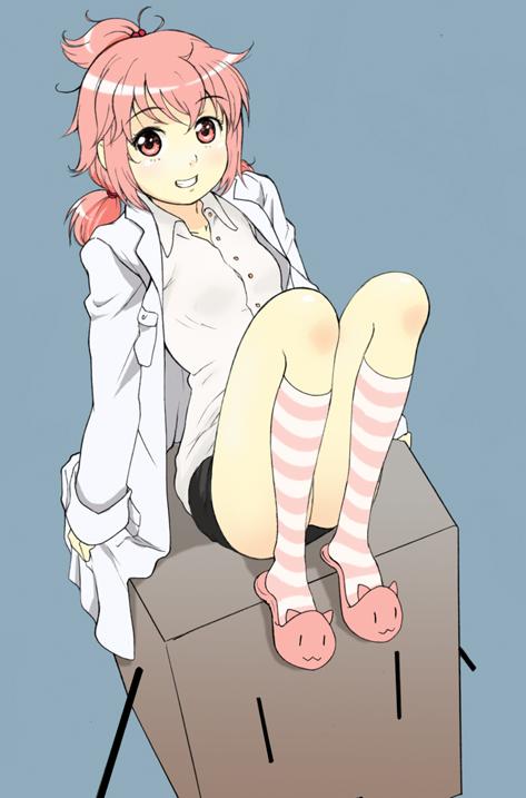 1girl, character_request, full_body, hosshi_(nariagari), labcoat, looking_at_viewer, pink_eyes, pink_hair, short_hair, simple_background, slippers, smile, solo, striped, striped_legwear