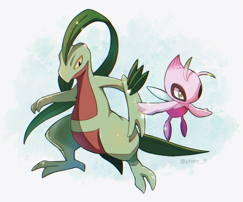 alternate_color, antennae, artist_name, black_eyes, blue_background, celebi, chromatic_aberration, closed_mouth