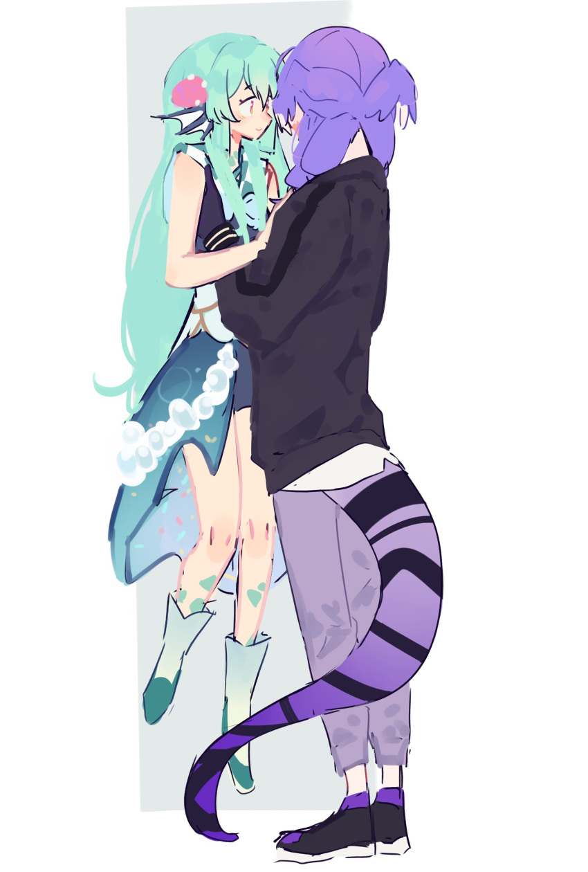 2girls, against_wall, aqua_skirt, bangs, black_footwear, black_sweater, braid, dragon_tail