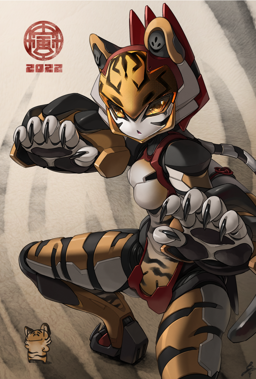 1girl, 2022, animal_print, breasts, chinese_zodiac, claws, fighting_stance, highres