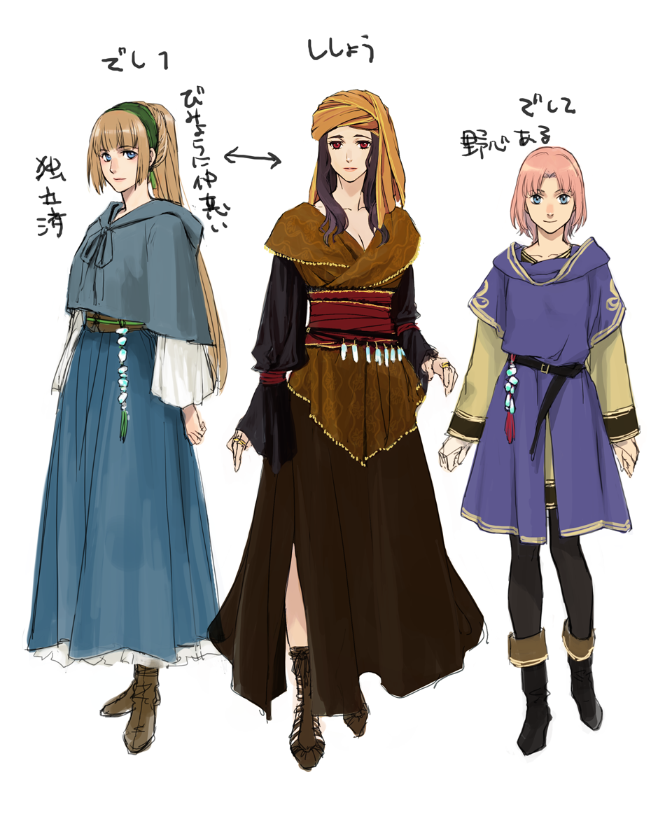 3girls, blue_eyes, breasts, brown_hair, character_request, closed_mouth, dress, full_body