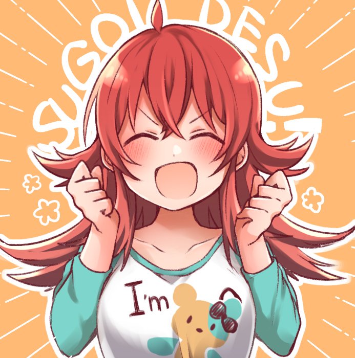 ahoge, bangs, blue_shirt, blush, breasts, clenched_hand, closed_eyes, collarbone