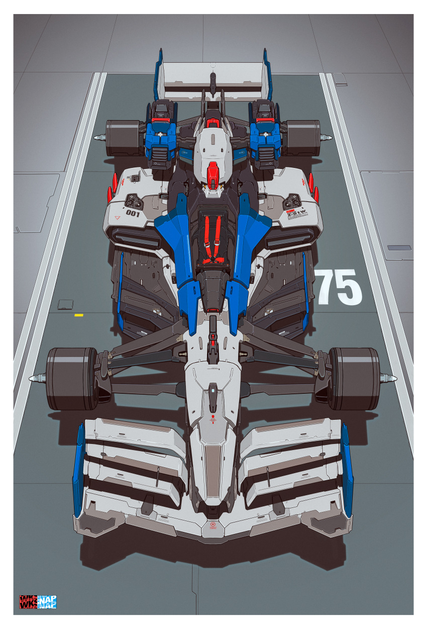 absurdres, artist_logo, border, car, english_commentary, freedom_gundam, from_above, ground_vehicle