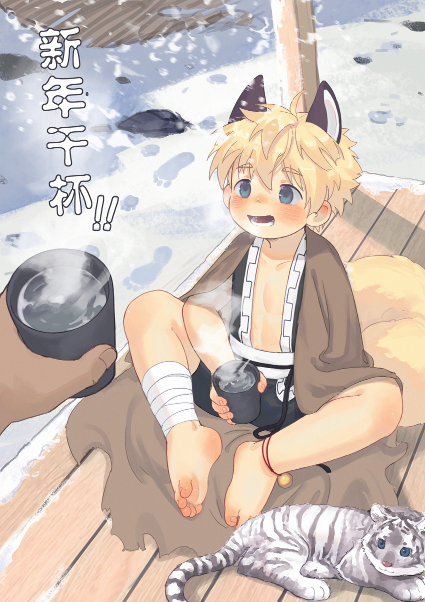 1boy, absurdres, ailu, animal_ears, barefoot, blonde_hair, blue_eyes, blush