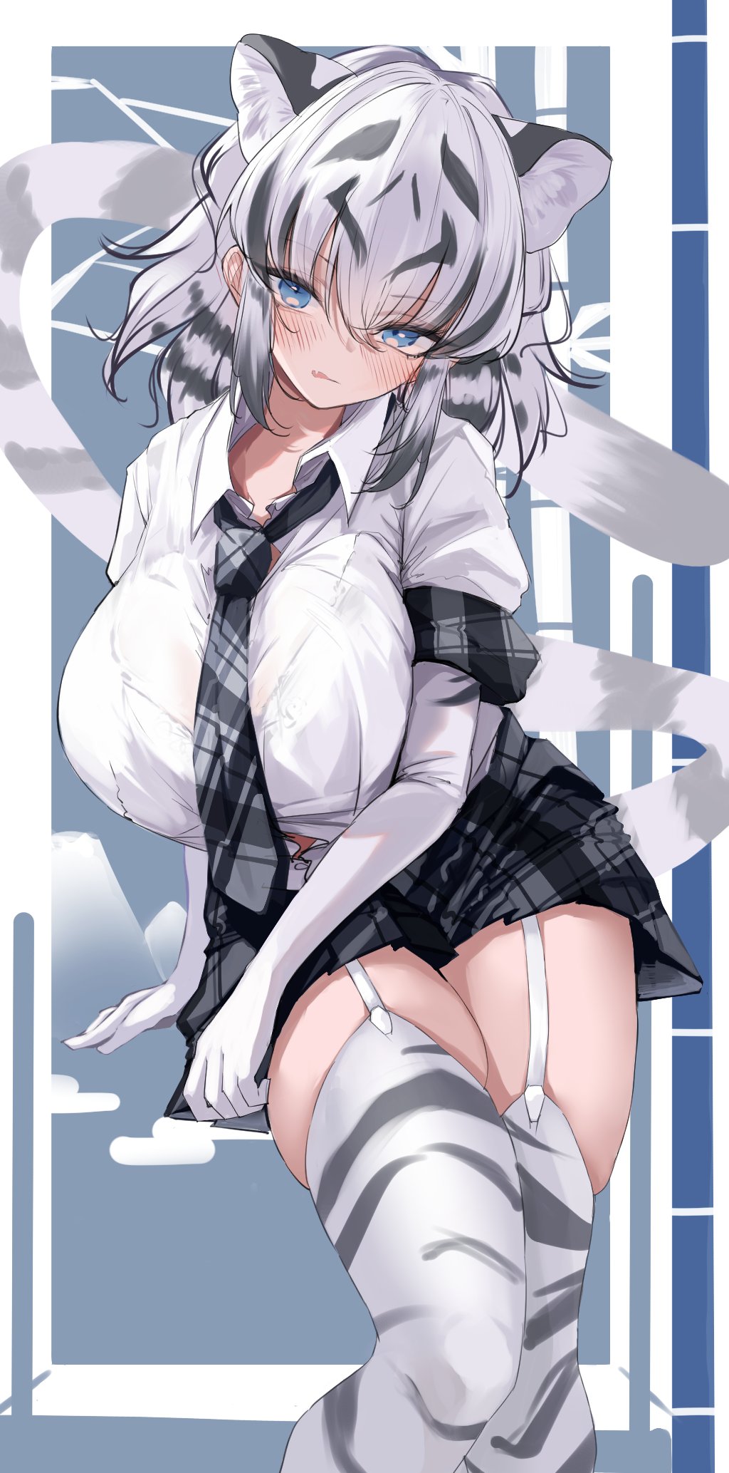 1girl, animal_ears, animal_print, arm_at_side, bangs, blue_eyes, blush, bra