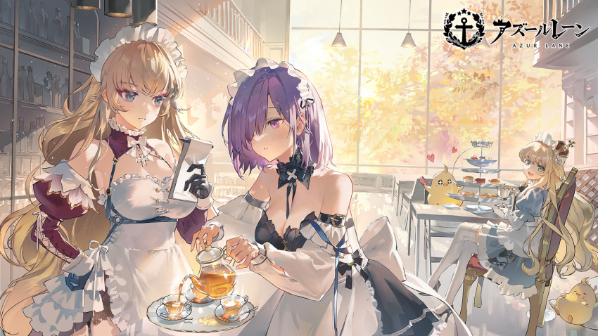 3girls, apron, azur_lane, bare_shoulders, black_dress, black_gloves, blonde_hair, blue_dress, blue_eyes, crown, cup, curly_hair, detached_collar, detached_sleeves, dress, eyebrows_visible_through_hair, gloves, hair_over_one_eye, headdress, heart, high_heels, highres, holding, holding_cup, holding_notebook, howe_(azur_lane), howe_(pastry_princess)_(azur_lane), indoors, juliet_sleeves, loading_screen, long_hair, long_sleeves, maid, maid_apron, maid_headdress, manjuu_(azur_lane), medium_hair, multiple_girls, notebook, official_alternate_costume, official_art, okku, penelope_(azur_lane), penelope_(salty_maid)_(azur_lane), puffy_sleeves, purple_hair, queen_elizabeth_(azur_lane), queen_elizabeth_(yes_your_maidness!)_(azur_lane), sitting, standing, strapless, strapless_dress, tea, tea_set, teapot, thigh-highs, tiered_tray, tray, very_long_hair, white_apron, white_legwear