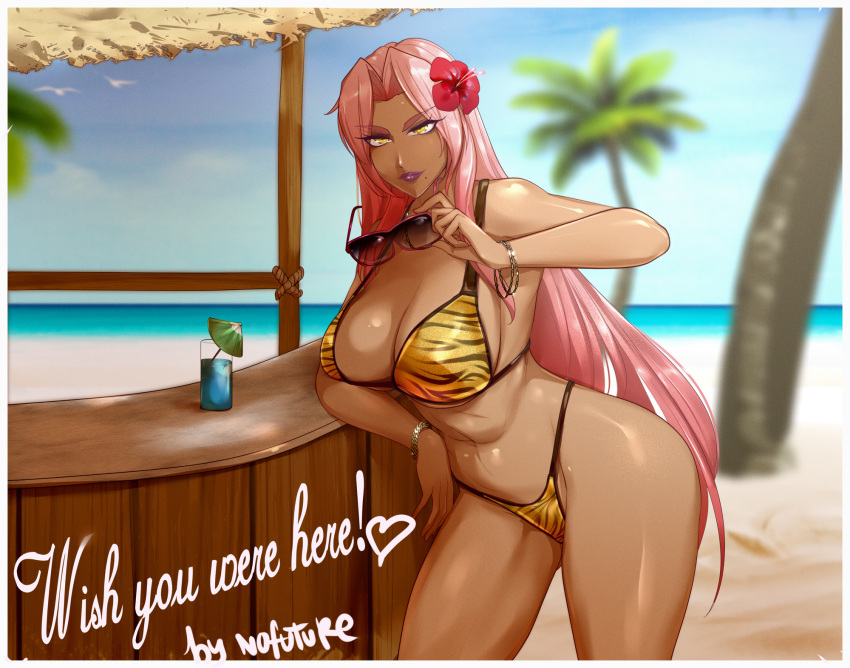 1girl, alternate_costume, animal_print, artist_name, beach, bikini, blurry, blurry_background, breasts, dark-skinned_female, dark_skin, eyebrows_visible_through_hair, eyes_visible_through_hair, eyewear_removed, flower, hair_flower, hair_ornament, highres, holding, holding_eyewear, huge_breasts, ingrid_(taimanin_murasaki), leaning_to_the_side, lipstick, long_hair, looking_at_viewer, makai_kishi_ingrid, makeup, nofuture, palm_tree, pink_flower, pink_hair, postcard, purple_lips, sand, solo, standing, sunglasses, swimsuit, taimanin_(series), tiger_print, tree, very_long_hair, water, wish_you_were_here, yellow_bikini, yellow_eyes