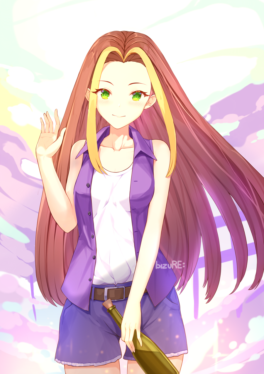 1girl, alcohol, artist_name, belt, bizure, blonde_hair, blush, bokujou_monogatari