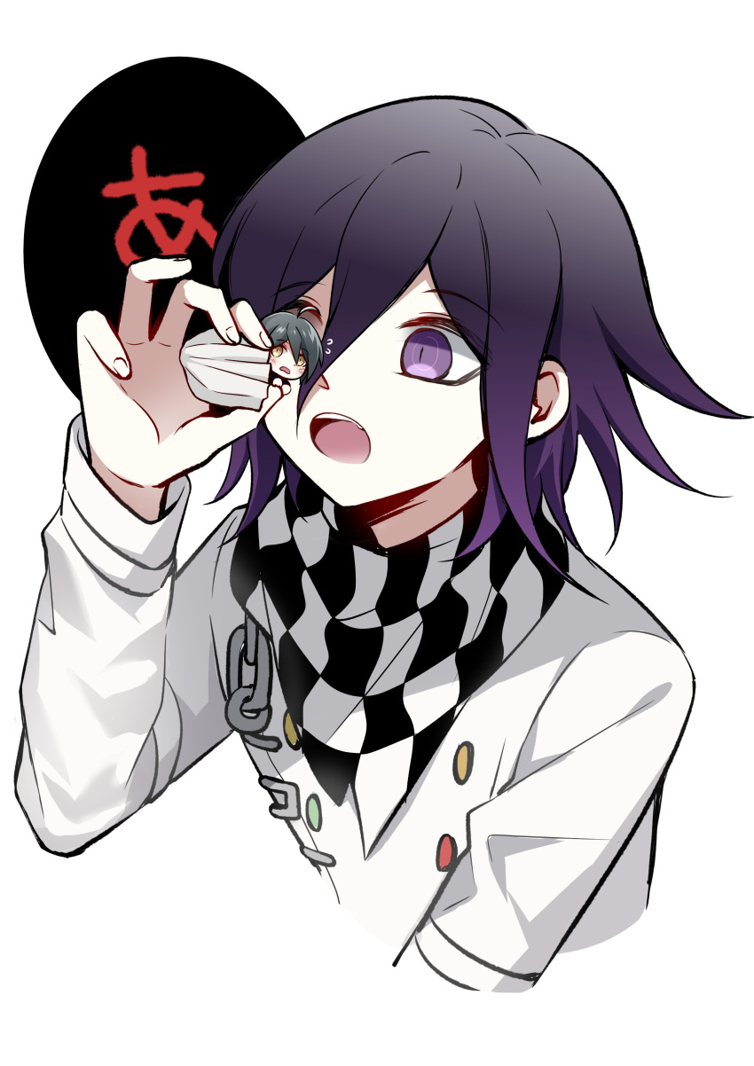 2boys, ahoge, bangs, black_background, black_hair, black_scarf, buttons, checkered_clothes, checkered_scarf, chibi, cropped_torso, danganronpa_(series), danganronpa_v3:_killing_harmony, eyebrows_visible_through_hair, flipped_hair, hair_between_eyes, highres, holding, holding_person, imminent_vore, jacket, long_sleeves, male_focus, msg, multiple_boys, open_mouth, purple_hair, qiao_xing, saihara_shuuichi, scarf, short_hair, simple_background, teeth, translation_request, txt, upper_teeth, violet_eyes, white_background, white_scarf